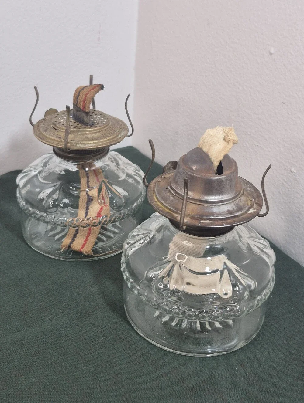 Pair of Vintage Glass Eagle Oil Lamps with Wicks
